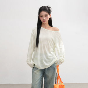 BAIDAIFEI | Green Stripe Off-shoulder See-through Sunscreen Lightweight Irregular Tee