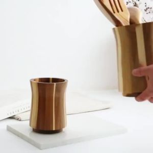 360-Degree Rotating Utensil Holder - Wooden Countertop Organizer for Spoons Spatulas Ladles Space-Saving Spinning Caddy