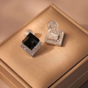 Elegant Black Diamond Geometric Hoop Earrings for Women Clip-On No Piercing Required Fashionable Luxury Sensation