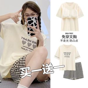 Buy One Get One Free Cotton Sleepwear Short Sleeve Thin Set for Women Summer Home Clothes with Chest Pad Integrated Design