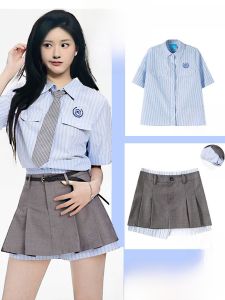 Original Preppy Style Blue Stripes Short Sleeve Shirt Double Waist Head Patchwork Pleated Profile Gray Culottes Suit Zhao Lusi