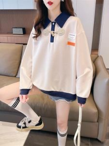 สไตล์เกาหลี งานเย็บปะติดปะต่อ คอกลม เสื้อสเว็ตเชิ้ต เสื้อผ้าผู้หญิง หลวม Fit โพลีเอสเตอร์ แขนยาว ปกโปโล ชุดเดินทางสํานักงาน