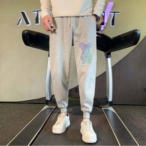 Bear Pattern Mens Slim Fit Casual Pants Trendy Cuffed Long Trousers Autumn Fashion Streetwear Youth Style Regular Thickness