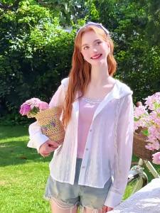 HEYINI | Hooded Loose Long Sleeve Sun Protection White Womens Shirt