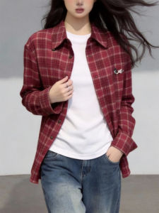 QINGNAER | Retro Style Niche Large Size Womens Long Sleeve Checkered Colorful Embroidered Collar Shirt