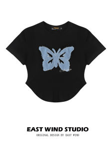 East Wind American Sweet And Spicy Butterfly Patch round Neck Short Sleeve T-Shirt Slim Fit Distressed Top for Women Street Style Summer Cotton Polyester