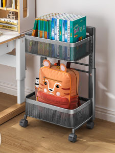 Mobile Bookbag Rack Childrens Desk underneath Book Storage Cart Wheelie Stand Simple Style Two Layers Ground Mounted Carbon Steel