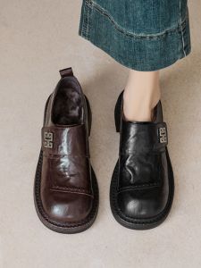 Brown round Toe Flat Heel Loafers Womens Spring Autumn Single Shoes Cute Little Sheepskin Shoes British Style Fashionable Flats