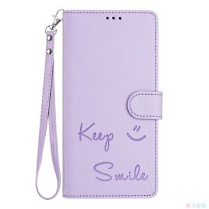 Smiling Face Purple for Iphone16/15/14/13/12/11promax/plus Apple Flip Phone Case Long Lanyard Mini/SE4/X/Xr/Xs Crossbody Protective Leather Cover Phone Case