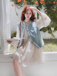 French Style Denim Lantern Sleeve Dress Set Womens Miniature Age Reduction Autumn New Arrival Casual A-Line Skirt Ensemble