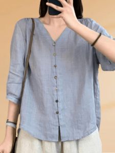 เสื้อเชิ้ตผ้าลินินหลวมๆ สำหรับผู้หญิงในช่วงฤดูร้อน แขนยาวปานกลาง คอวี สีสันสดใส สไตล์ลำลอง เสื้อคลุมแบบสวมหัว