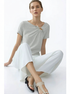 AMII | Commuter Style Irregular Collar Metal Decoration Pleated T-shirt