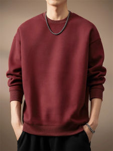 High-End Red round Neck Fleece-Lined Loose Mens Sweatshirt Business Casual Cotton Polyester Antimicrobial Self-heating Wear-resistant Autumn Winter Outerwear