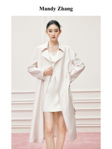 Elegant Design White Long Coat Female Autumn With Imitation Pearl Belt