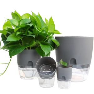 Transparent plastic flower pot creative double layer water storage lazy automatic green flower pot