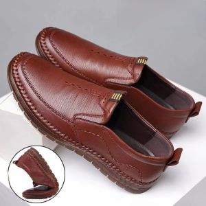 Mens Driving Shoes Casual Leather Shoes Breathable Slip-On round Toe Low Heel TPR Rubber Sole Business Casual Dad Shoes