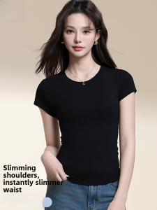 MiiOW | Slim Fit Short Sleeve Round Neck T-Shirt Womens Base Shirt Pure Color Bodycon Top Summer New Style MiiOW Cat Person Black