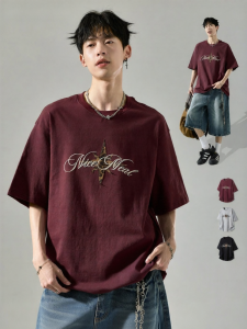 SZON | Áo Thun Cotton Vintage Mỹ Đỏ Rượu Vang Có Khối Bắt Chéo Báo