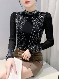 Autumn Winter New Style Womens Fashionable Leopard Print Long Sleeve T-Shirt with Diamond Embellishment And Stand Collar Base Shirt