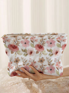 Vintage rose floral patterned corduroy makeup bag lightweight zipper pouch multifunctional lined bag for cosmetics