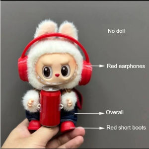 For Coke Series Labubu Baby Clothes Red Headphones Denim Suspenders Trousers Trend Baby Clothes Suit Vinyl Doll Dress-Up Toy
