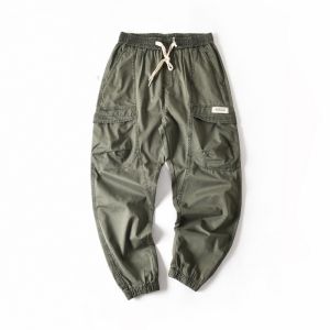 New Mens Casual Pants Loose Straight Leg Elastic Waist Washed Lightweight Multi-Pocket Workwear Summer Fashion Urban Style