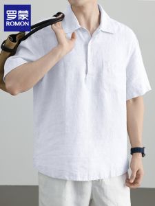 ROMON | High End Linen Short Sleeve Slim Fit Retro Style Casual Polo Shirt for Men