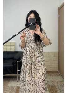 Chinese Floral Print Maxi Dress High Waist A-Line Skirt Long Sleeve V-Neck Commuter Style Polyester Fabric Summer Dress
