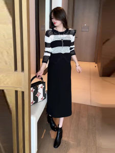 Áo Len Dệt Kim Hở Lưng Kẻ Sọc Thiết Kế Mới Cho Nữ Mùa Xuân 2025 Áo Sơ Mi Và Váy Hai Mảnh Thời Trang Cho Phụ Nữ