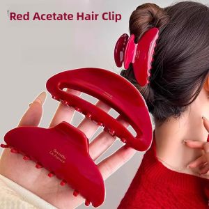 New Year 2024 Celebration Red Acetate Hair Clip Womens Large Size Shark Clamp Festive Hair Accessories behind the Head