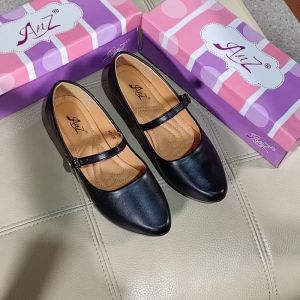 [JOAN] Classic 1 inch wedge heel pointed toe black leather shoes student shoes office shoes womens shoes