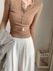 Rushu Home Early Autumn Basic Knitwear round Neck Button Long Sleeve Base Shirt Womens Season Versatile Slimming Inner Wear Top