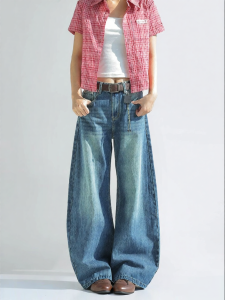 CHANT2nd | Vintage American Washed Blue Women Jeans Loose Wide Leg High Waist Slim Fit