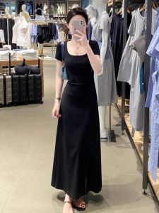 French Style Square Collar Short Sleeve T-Shirt Dress Womens Summer High-End A-Line Bodycon Waist-Cinching Slimming Long Dress