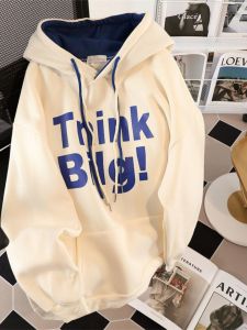 พลัสไซส์ เสื้อฮู้ด เสื้อแจ็คเก็ต ผู้หญิง ฤดูใบไม้ร่วง ผ้าฟลีซสไตล์ขี้เกียจหลวมฤดูหนาว หนาขึ้น เสื้อสเว็ตเชิ้ต ลายพิมพ์ตัวอักษร สไตล์เกาหลี เดินทาง