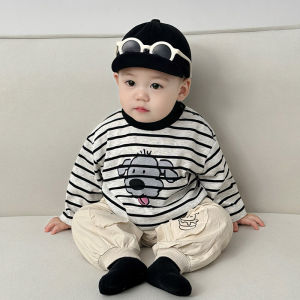 Spring 2025 Loose Long Sleeve Childrens T-shirt Set Boy Baby Basic Top Fashionable Korean Style Cartoon Print Breathable Soft Fabric