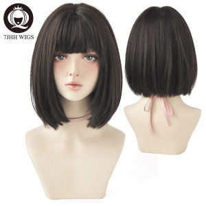 7JHH WIGS Short Wig 3 Colors Straight Human Hair Washable with Bangs Black Bob Wig for Girl Daily Wear New Style Natural Supple Summer Heatresistant Wig