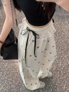 Ice Silk Wide Leg Pants Butterfly Knot Lace Splicing Casual Summer American Sweet And Spicy Girl Leisure Stroll Trousers