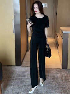 Fashionable Slimming Short Sleeve Top And Wide Leg Pants Two Piece Set for Women Summer 2025 Polyester Casual Sportswear