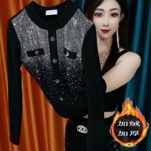 Fashionable round Neck Diamond Embellished Long Sleeve Thermal Shirt Slimming Base Layer Top Trendy Korean Style Winter Wear
