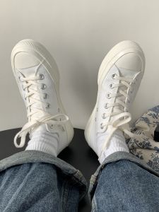 White Canvas Shoes Womens Korean Style Versatile Low Top round Toe Rubber Sole Cross Buckle Trendy Retro Board Shoes