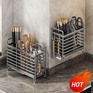 Modern Minimalist Kitchen Wall Mounted Storage Box One Layer Carbon Steel Utensil Spoon Draining Rack No Drilling Required