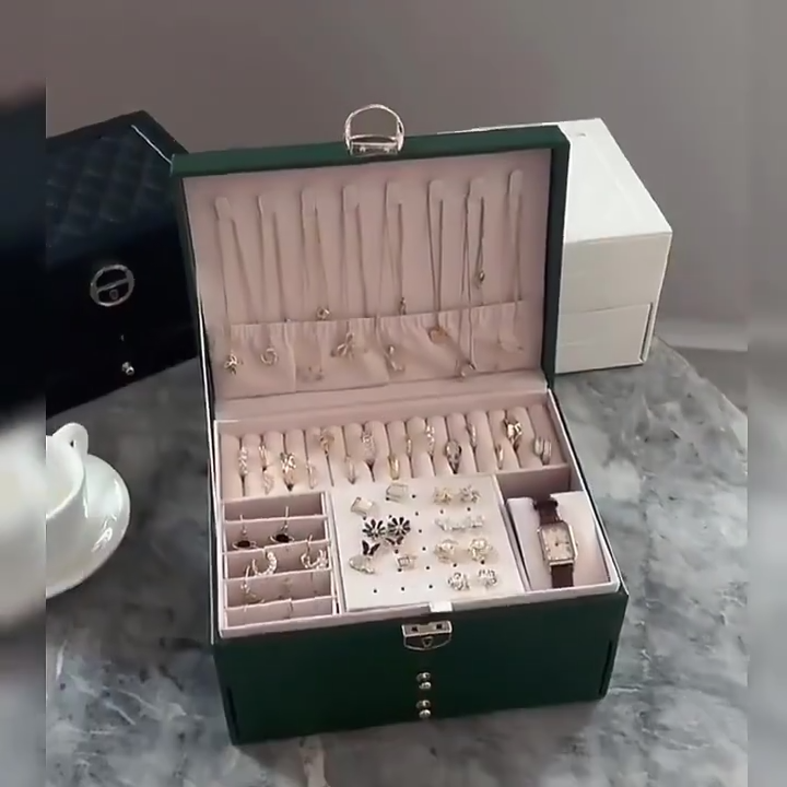 💍Luxurious 3 layers Jewelry Box organizer With Lock PU Leather Elegant ...