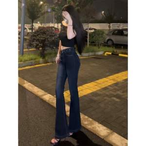 Quần Jeans Ống Thẳng Màu Xanh Đậm Retro Cạp Lows Co Giãn Cho Nữ Cao 175 Cm Quần Ống Loe Ôm Dáng Ôm Dáng