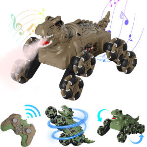 Dinosaur Remote Control Car Monster Truck Toy Transformer RC Car for Kids Ages 8-12 with Cool Lights Roar Spray 360° Rotation Gift for Boys Girls