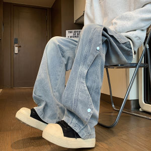 Casual American Style Mens Workwear Jeans Straight Leg Patchwork Long Pants Leisure Teenagers Middle Waist Regular Thickness