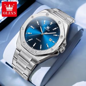 OLEVS watch for men original waterproof fashion blue dial silver stainless steel calendar luminous relo for men with gift box