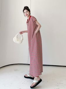 Summer New Polo Collar Loose Striped Long T-Shirt Dress for Tall Women Short Sleeve Straight Cut Cotton Maxi Dress