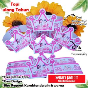 Topi ultah hello kitty isi 20 pcs +desain foto anak (Bahan premium glosy)Topi pesta/Topi ulang tahun anak/Topi ultah karakter/Topi ultah custom