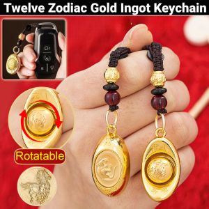 Twelve Zodiac Gold Ingot Keychain Turn Money Keychain Pendant Fortune Security Hanging Ornament 招财转运十二生肖元宝钥匙扣